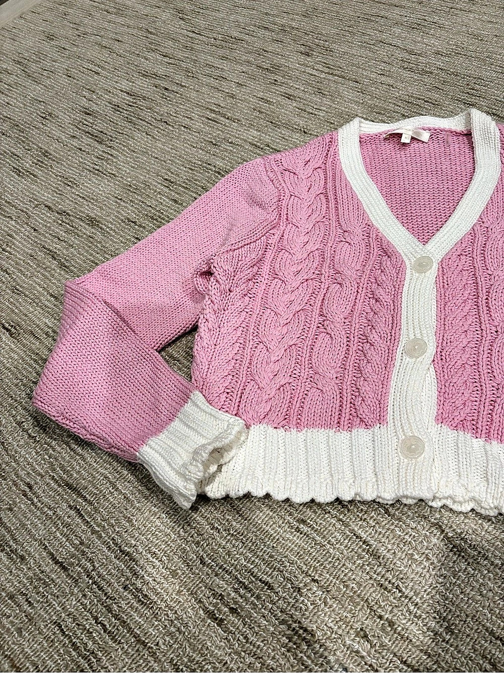 LoveShackFancy Cable Knit Cardigan in Pink & White - Picture 8 of 12